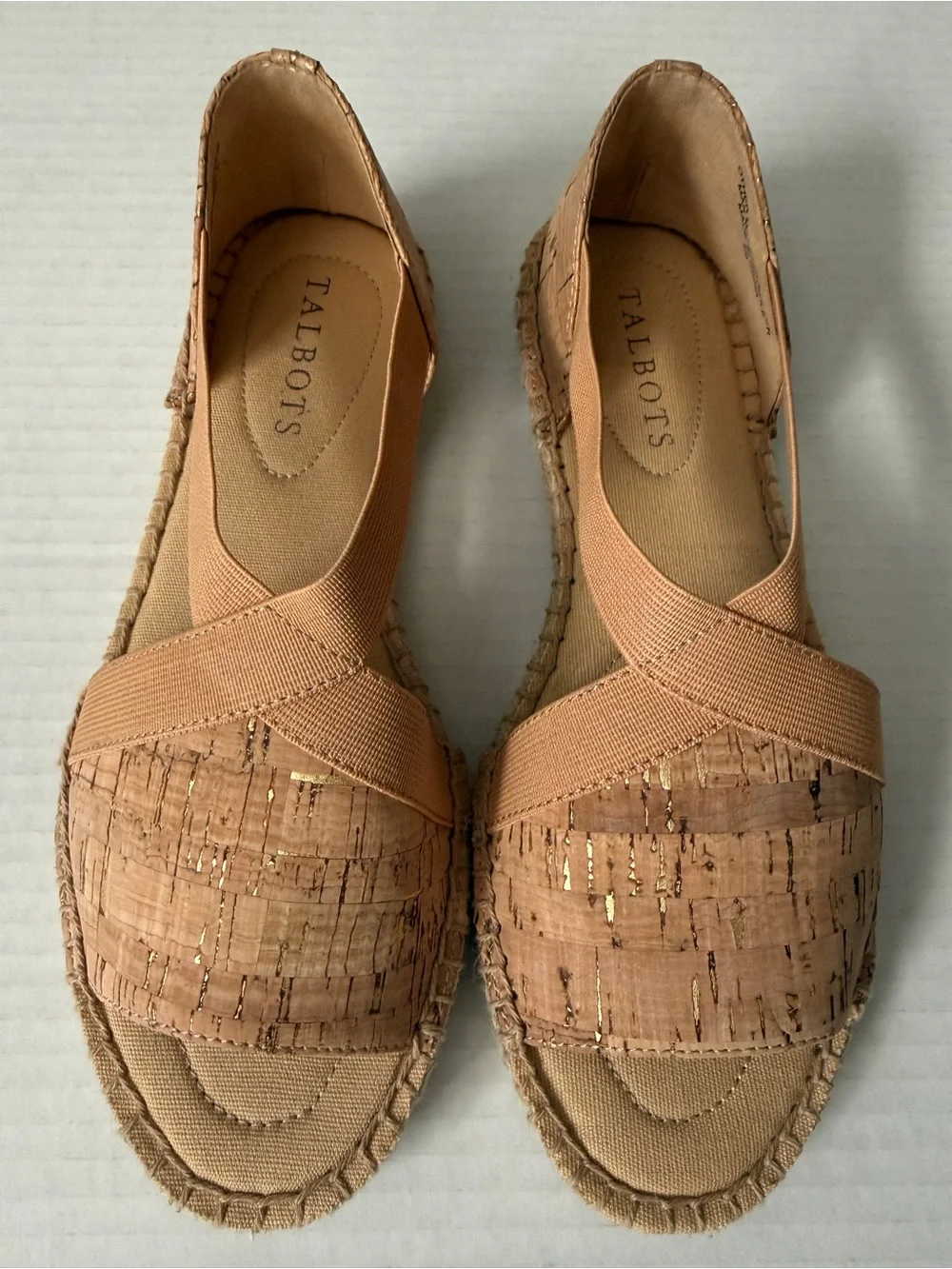Talbots Ilyssa Tan Cork Espadrille Flat Sandals Stretch Straps Women's Size 5M